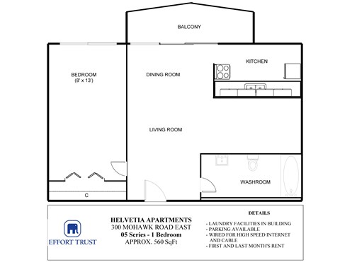 Floor plan for 1 bed, 1 bath, 560 sqft